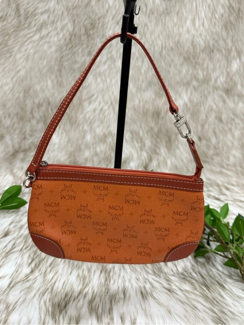 MCM Visetos Mini Pochette Cognac and Brown Monogram Wristlet Clutch